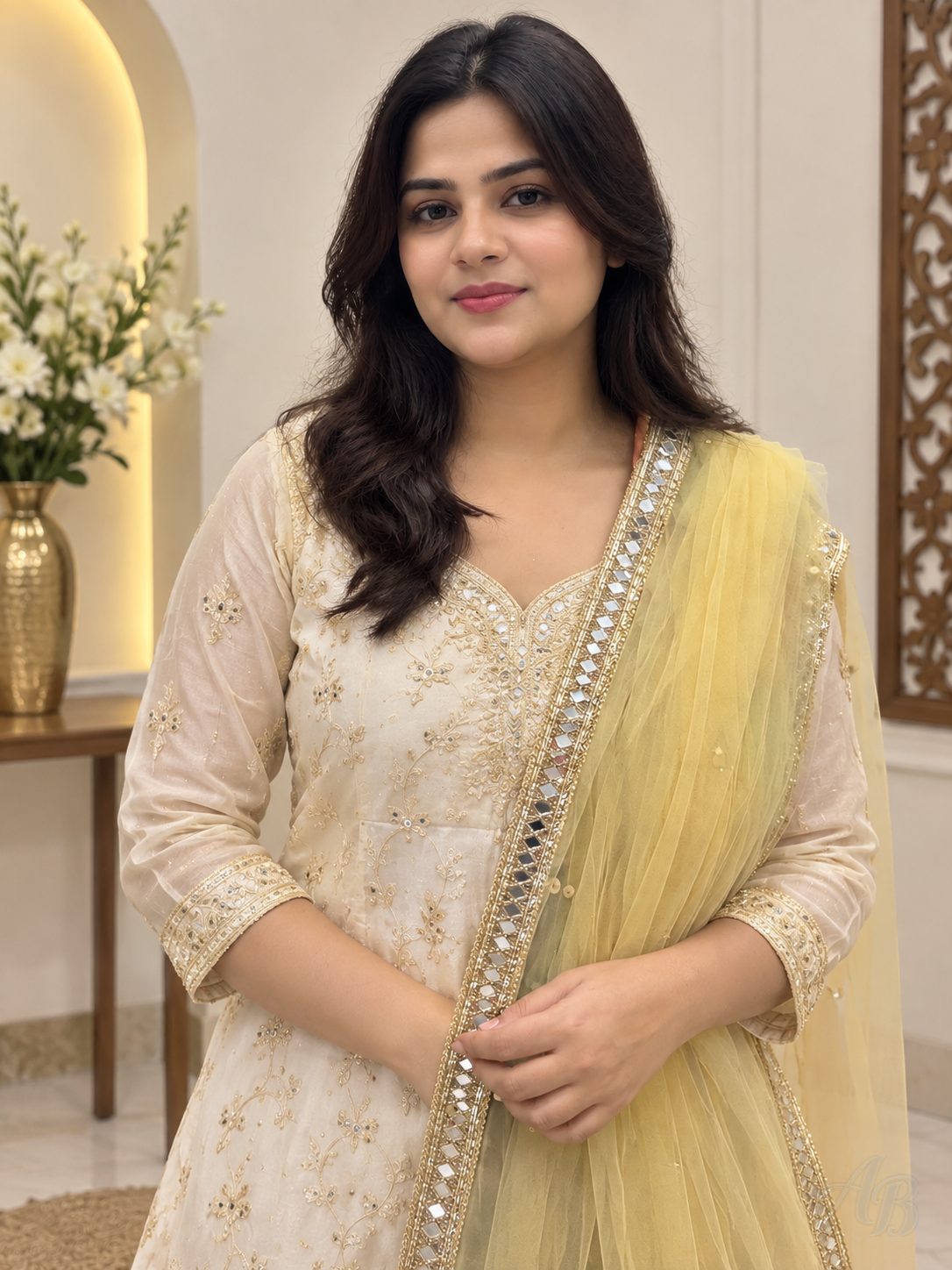 Net Dupatta for Women – Elegant Embellished Dupatta with Golden Mirror Work Border, Festive & Party Wear