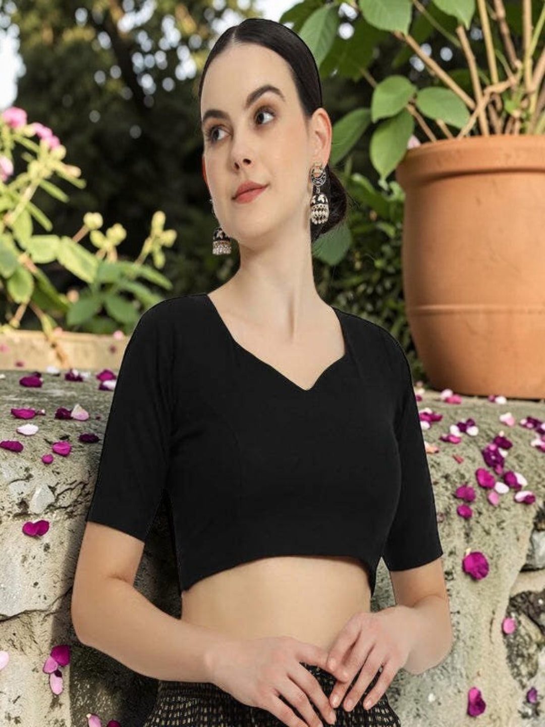 Adaa Bazaar Women's Readymade Black Blouse with Half Sleeves