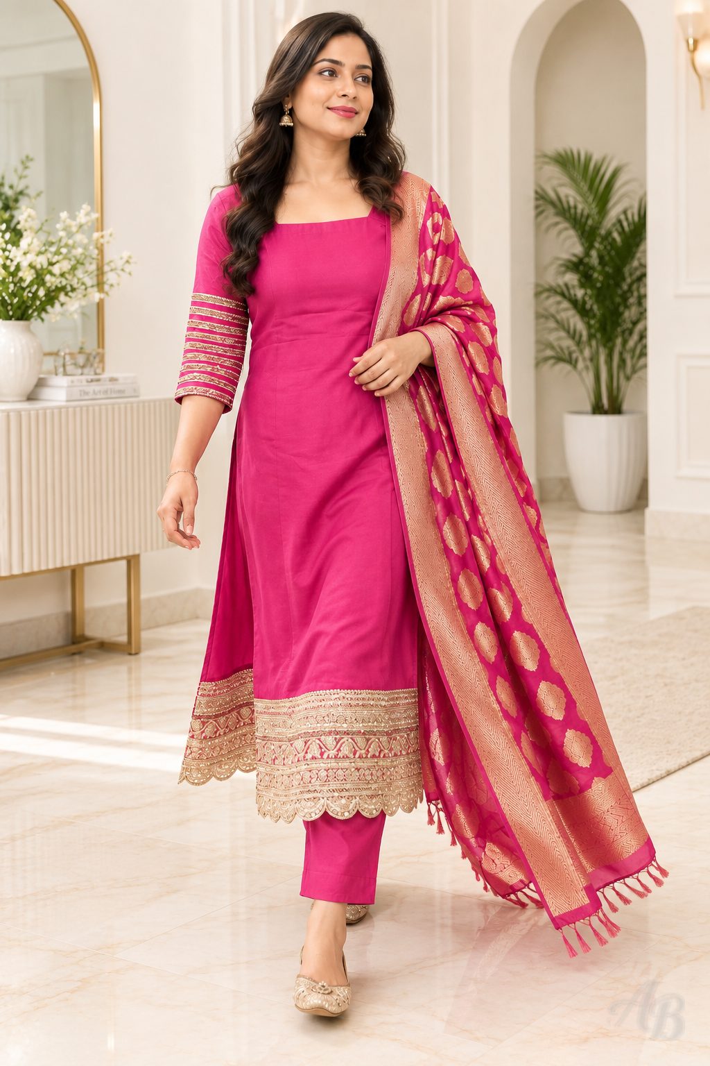 Adaa Bazaar Women’s Pink Ethnic Kurta Pant Set with Dupatta – Embroidered Kurta, Matching Pants & Printed Dupatta, Festive & Party Wear Suit Set