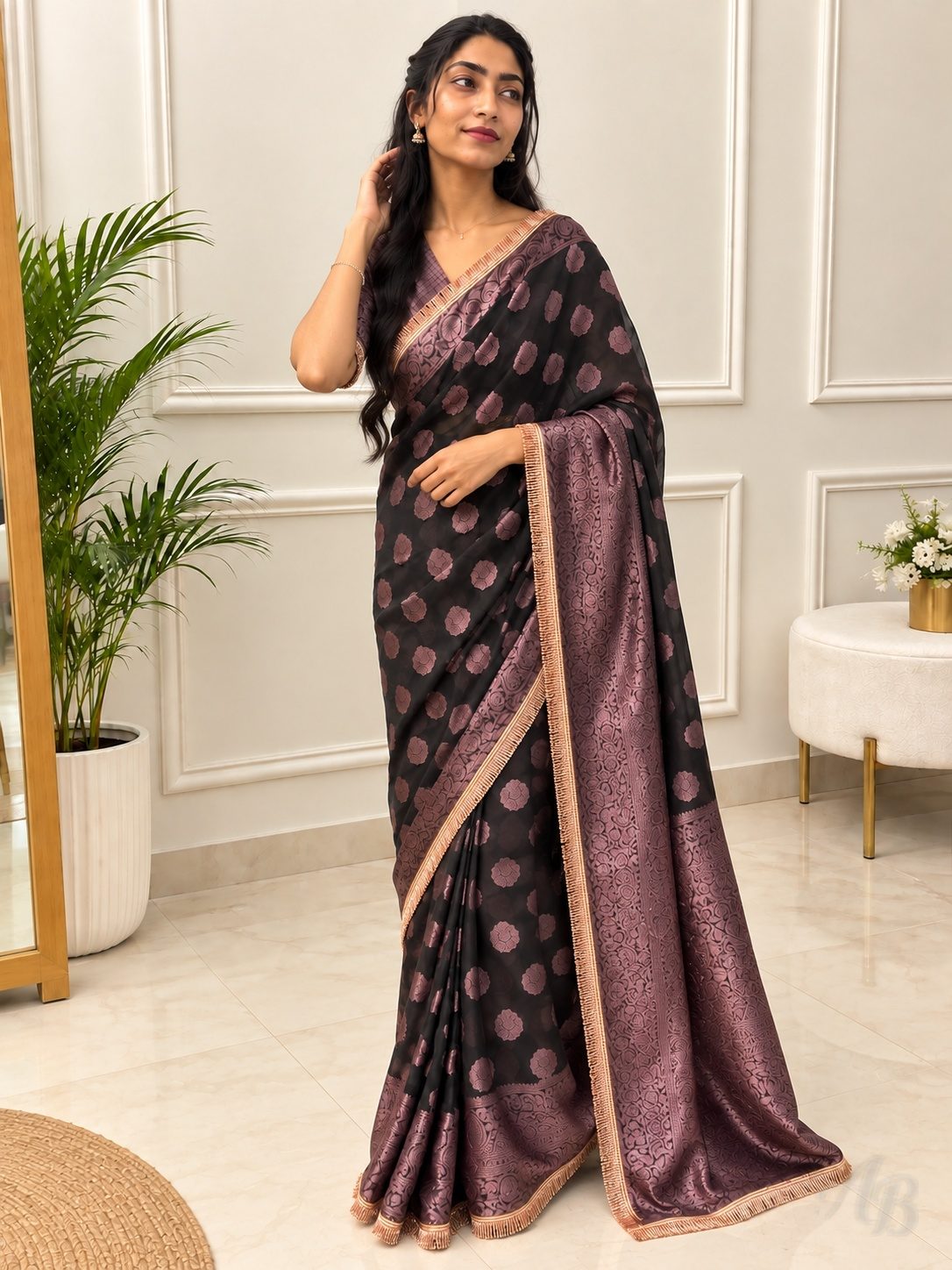 Black & Mauve Printed Saree for Women – Elegant Floral Print Saree with Designer Border, Pallu & Festive Party Wear
