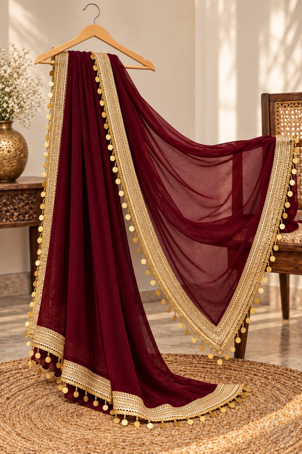 Maroon Net Dupatta for Women – Sheer Festive Dupatta with Golden Lace Border & Coin Tassel Detailing, Party & Wedding Wear