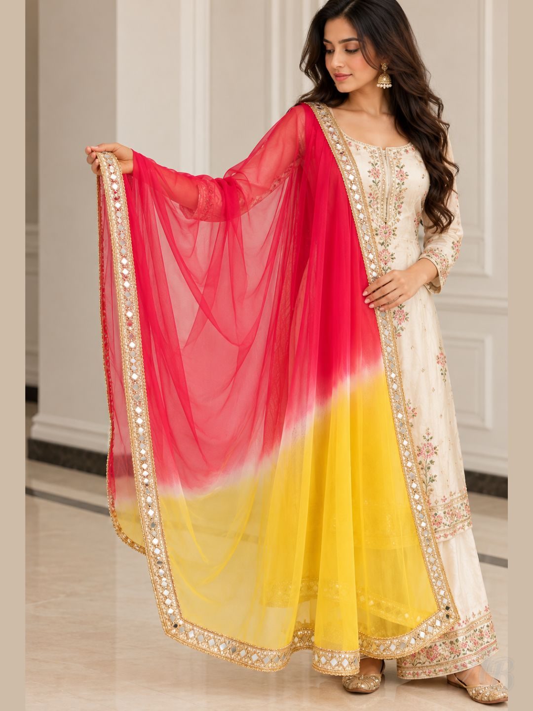 Elegant Embellished Dupatta with Golden Mirror Work Border, Festive & Party Wear