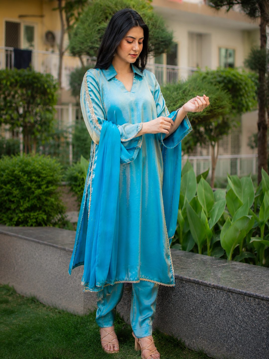Adaa Bazaar Women's Sky Colour Sequin Work Less Suits with Dupatta