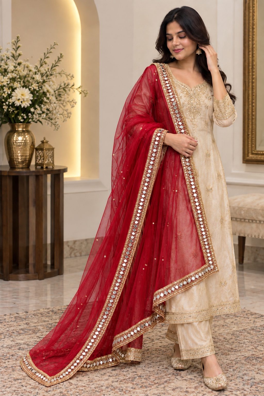 Elegant Embellished Dupatta with Golden Mirror Work Border, Festive & Party Wear