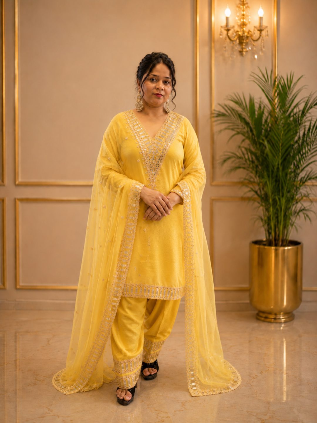 Adaa Bazaar Women's Yellow Elegant Party Wear and Haldi Function Dress
