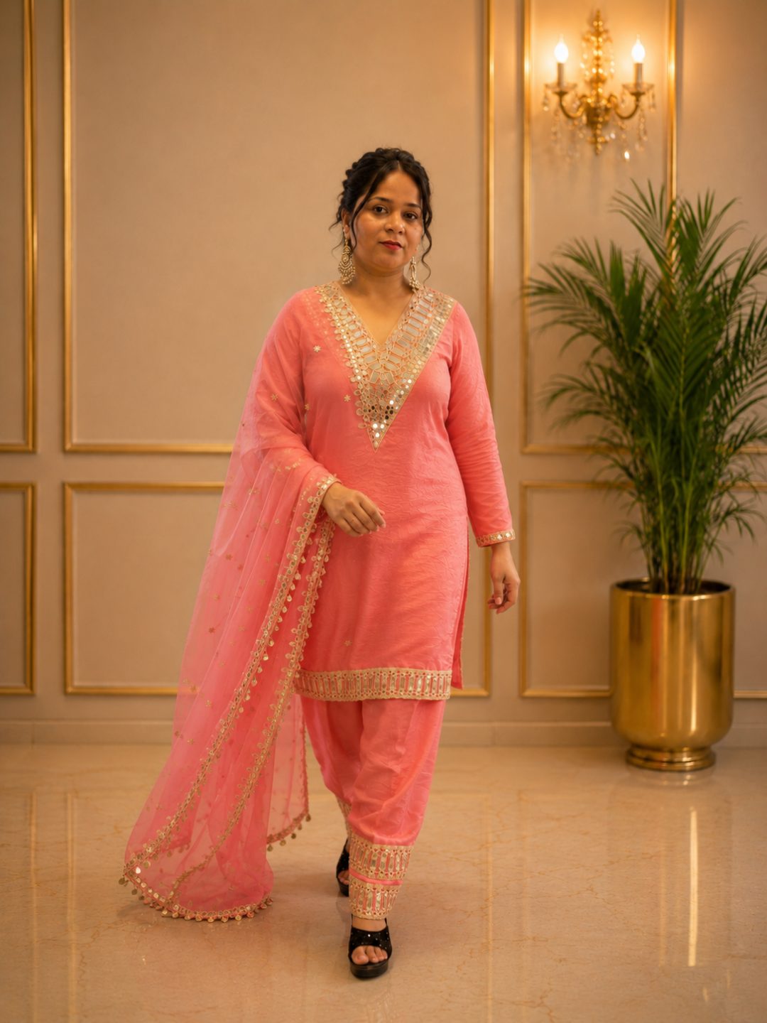Adaa Bazaar Women's Pink Colour Sequin and Mirror Work Suits with Dupatta